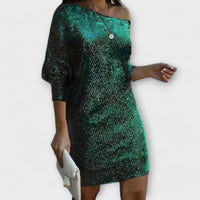 Judit | Vestido brillante con hombro descubierto
