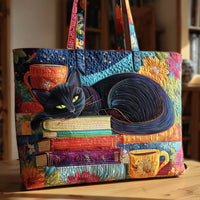 Bolso ilustrado | Gato negro con libros y tazas
