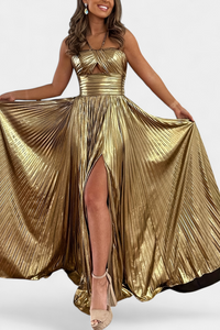 Bibiana | Vestido largo metalizado cruzado con abertura