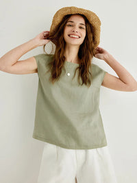 Camiseta de lino con estampado floral en las mangas