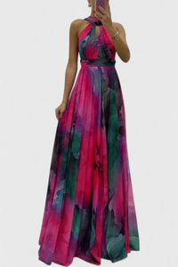 Ramona | Vestido largo de gasa con estampado floral y cuello halter