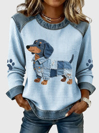Nuria – suéter con motivo de perro salchicha y patchwork en denim